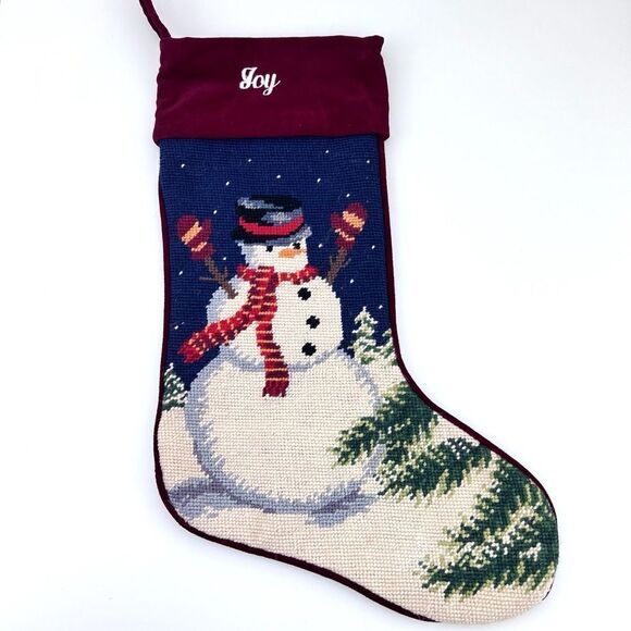 CHRISTMAS NEEDLEPOINT STOCKING SNOWMAN WITH TREES JOY - Picture 1 of 6